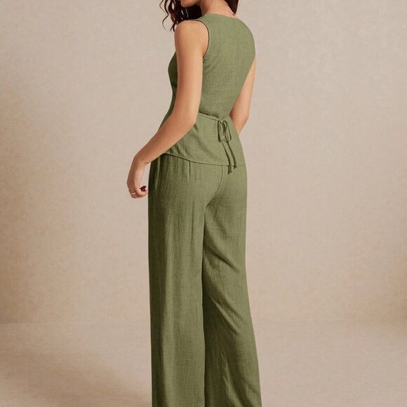 Army Green Casual Women's Summer Linen Sleeveless Vest Top And Trousers Set - Picture 6 of 8